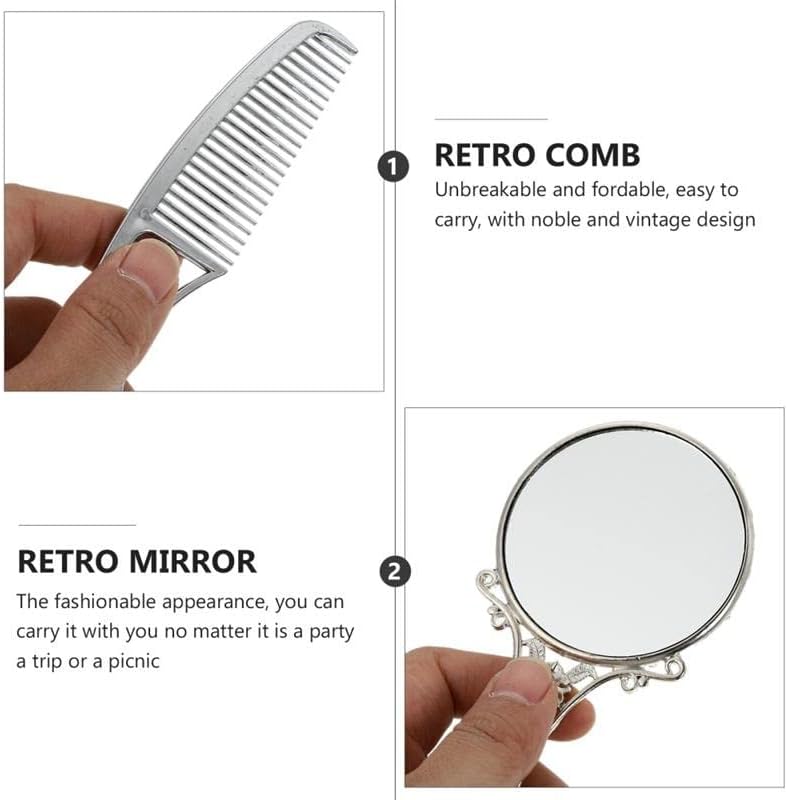 MJWDP 1 Definir mini espelho com pente de liga de maquiagem vintage espelho com pente pequeno espelho portátil portátil
