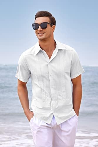 Mens Guayabera linho Camisa de algodão Cuba de manga curta casual Button Down Down Camisetas espalhadas Collar Summer Beach Tops