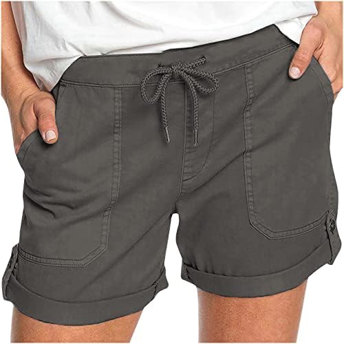 Shorts de carga feminina de verão, cintura elástica da cintura larga de cordas larga calça curta treino sólido bermudas shorts de
