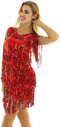 Renvena Women Sparkle Sparkle Lantel Tassel Dress 1920s Ballroom Tango Latin Samba Figurina Figura Skater Dance Costume