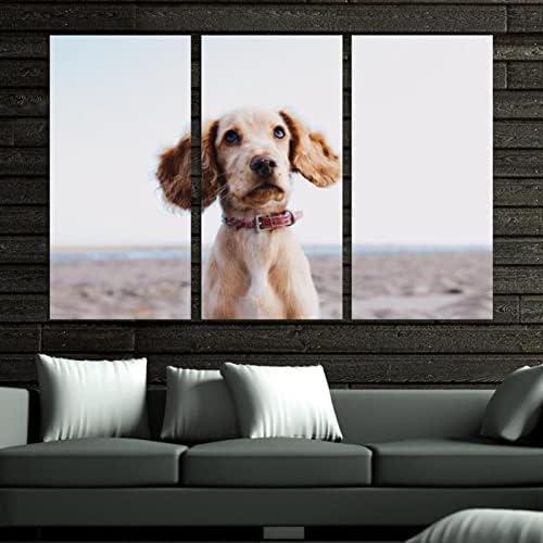Arte de parede para sala de estar, cachorrinho cão fica na beira -mar emoldurada conjunto de pintura a óleo decorativa obra
