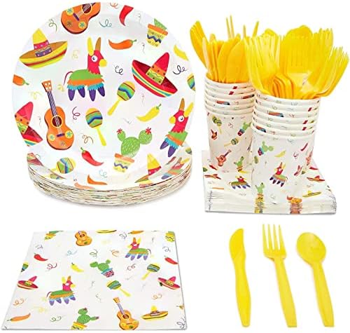 144 Peça Let's Fiesta Dinnerware Set para materiais de festa Cinco de Mayo, decorações de terça -feira de taco