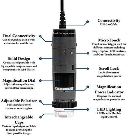 Microscópio digital USB DINO -Lite AF4915ZT - 1,3MP, 20x - 220X Magnificação óptica, medição, luz polarizada, AMR, EDOF, WF -20 Compatível
