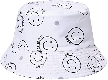 Boderier Bucket Hat Smile Face Sun Hat Hat Reversível Codaneiro de Algodão Capata de Vacas de Férias Pacável Proteção Sol Pesca