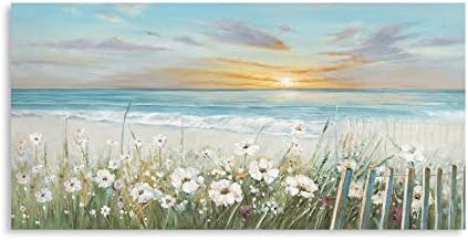 Floral Beach Sunset Wall Art: Relaxing Seascape para sala de estar, pintura costeira colorida de tela decorativa impressão