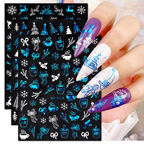 9 lençóis adesivos de unhas de natal para arte de unhas, bronzeando adesivos de unhas de feriado brancos azuis para