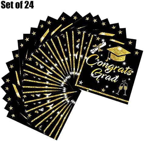Guardanapos de formatura 2023 guardanapos pretos e dourados, parabéns suprimentos de festa com temas de graduação | 24 folhas, 3