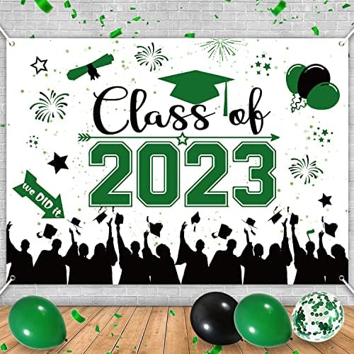 2023 Banner de cenário de graduação, 70 x 42 Banner de graduação verde Classe de 2023 Banner de graduação em tecido de poliéster