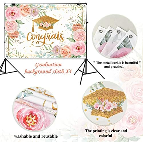 Banner de graduação Caso -pano rosa ouro floral parabéns Decorações de graduação grande 59 x 39 Graduação Pink Dots Plano