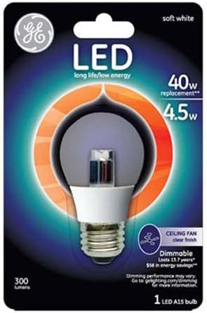 Iluminação GE 89987 LED de 4,5 watts 300 lúmen Bulbo de ventilador de teto A15 com base média, transparente, 1 pacote
