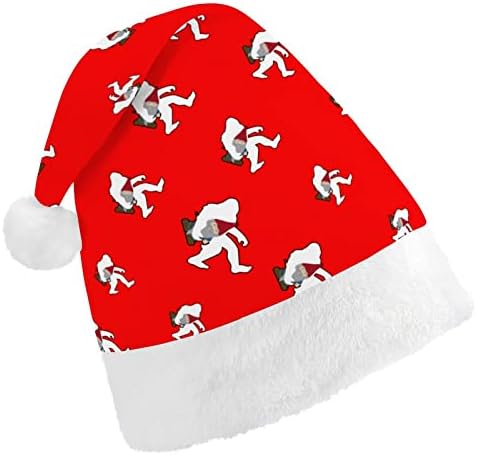 Bigfoot carregando gnomo engraçado chapéu de Natal Papai Noel Hats Plush curto com punhos brancos para suprimentos de decoração