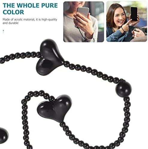 Strap de pulso de telefone com miçangas de coração: miçangas de amor preto charme de acrílico Anti Lost Lanyard Women Phone