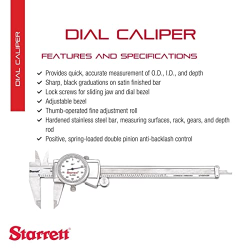Starrett Dial Paliper com moldura ajustável e estojo ajustado -face branca, 0-6 Range, -0,001 precisão.001 Graduação