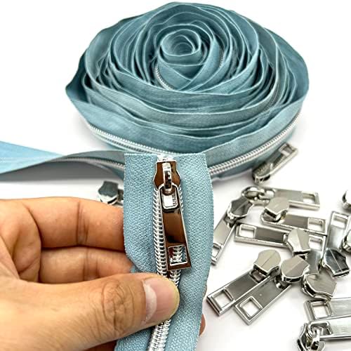 Goyunwell 5 Fita de zíper azul by the Yard Zippers para costurar bobina de nylon 10 jardas de dentes de prata azuis