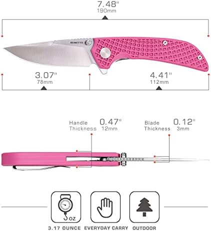 Faca de bolso Remette, faca de bolso EDC para homens mulheres, alça de design leve, lâmina nítida 9CR18MOV, faca de bolso de carregamento diário, facas de trabalho ao ar livre (rosa