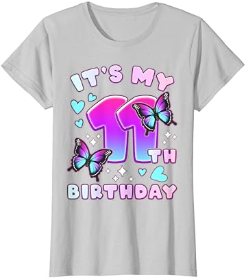 11º aniversário, menina 11 anos, borboletas e camiseta número 11