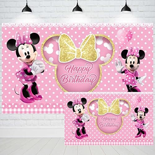 Cenário da Minnie Mouse para meninas 1º 2º 3º aniversário Decorações de festa de festas de ouro e rosa Princess Photo Banner de 5x3ft