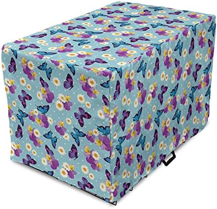 Capa de caixa de cachorro de borboleta roxa lunarável, camomiles e pequenas rabos de andorinha em fundo de bolinhas azuis,