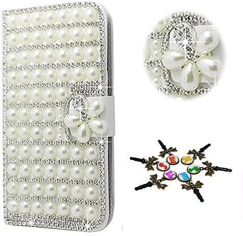 Stenes Galaxy J7 V Case - 3D Flores de cristal artesanal Pérola Sparkle Cartão de crédito Slots de cartão dobrável Tampa de couro