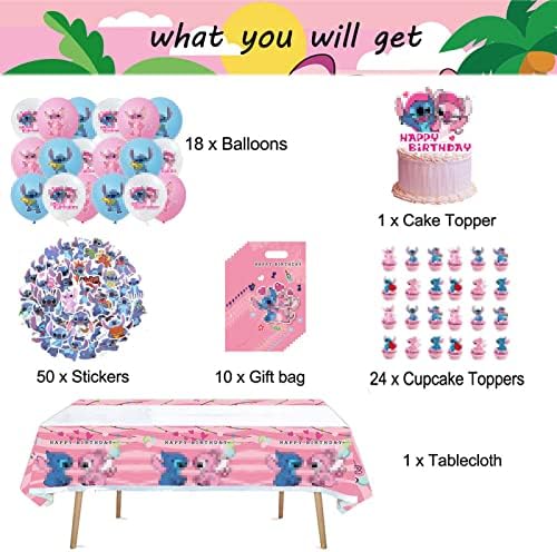 109 PCs Supplies de festa de aniversário rosa para meninas, decorações de aniversário incluem banner de aniversário, pano de fundo, toalhas de mesa, balões de papel alumínio, balões, toppers de bolo, toppers de cupcakes, adesivos, bolsa de presente
