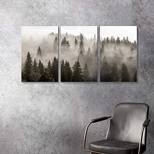 Pinturas naturais de arte da parede: obras de arte fotográficas linha de árvores escuras com neblina enevoada na