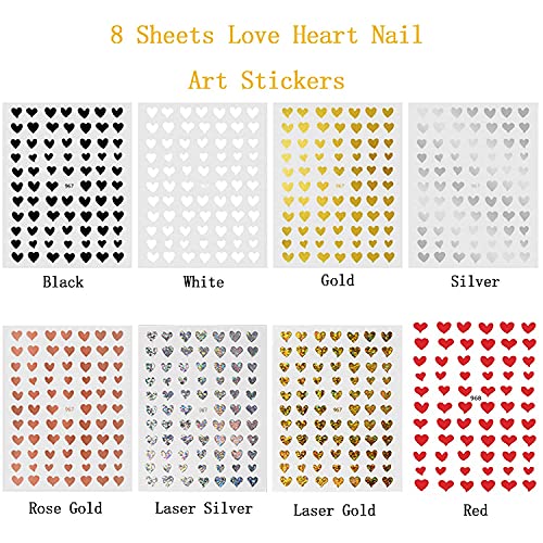 8 lençóis adesivos de arte de unhas de coração com 8 lençóis abstratos na unha adesivos