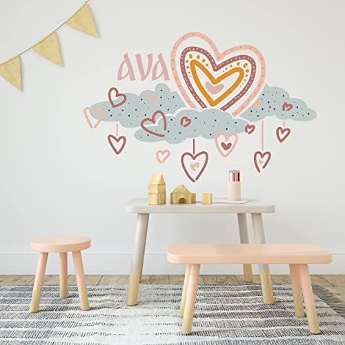 Nuvens com coração e garotas personalizadas nome boho decalques de parede para decoração de quarto de crianças - adesivos de parede