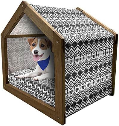 Casa de cães de madeira geométrica de Ambesonne, linhas de linhas cruzando em design hexagonal com triângulos impressos de