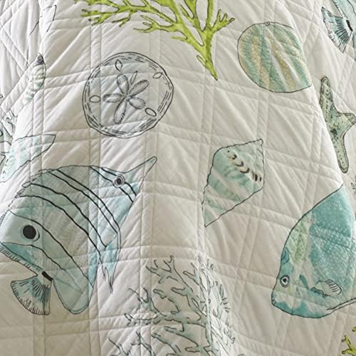 Levtex Home - Biscayne Quilt Conjunto -King Quilt + Two King Pillow Shams - peixe tropical em coral verde aqua -