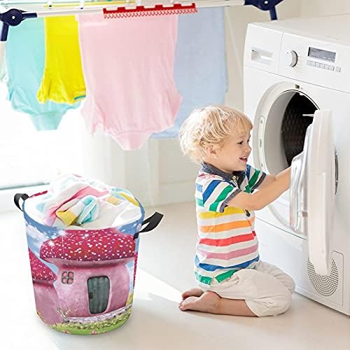 Foduoduo Cesta de lavanderia Pink Cartoon Cogumelo cesto com alças Saco de armazenamento de roupas sujas dobráveis ​​para quarto,