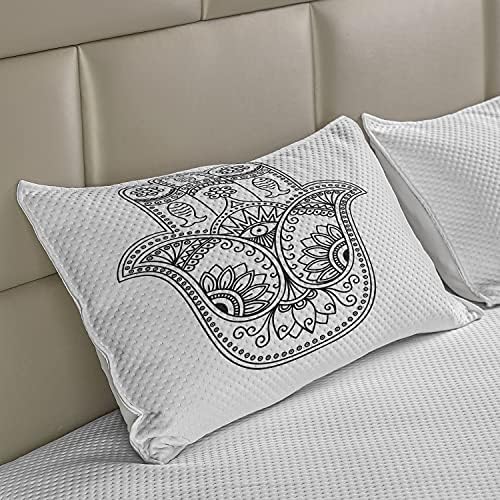 Ambesonne Hamsa malha de colcha de travesseira, vintage com detalhes inspirados em detalhes peixes e flores de olho maligno desenhado,