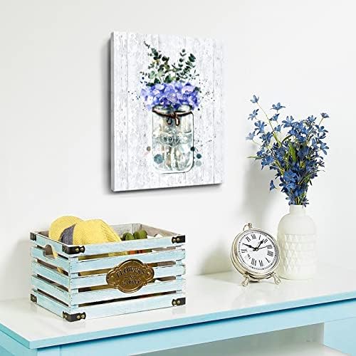 Decoração de banheiro tena de parede arte azul buquê de flor roxa em vaso amor tema tema floral imagem emoldurada estampa