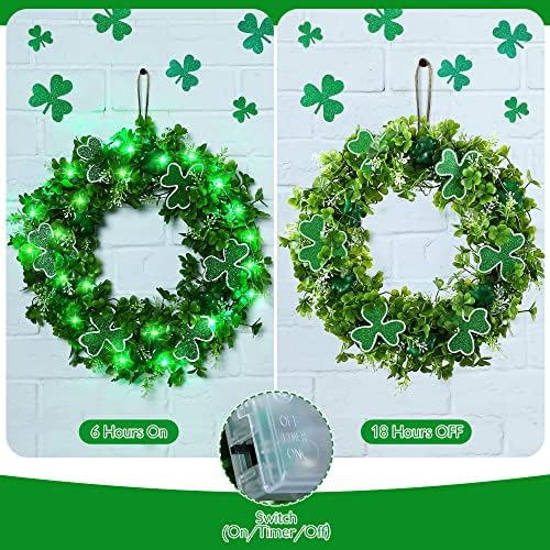 Iluminado Green Shamrock Wreath Bow, 16 polegadas St. Patrick's Spring Clover Grinalsa Artificial Decoração à prova d'água