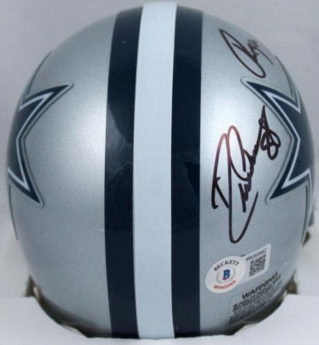 Staubach/Pearson autografou Dallas Cowboys Mini capacete com Hail Mary -Beckettwholo - Mini capacetes autografados da NFL