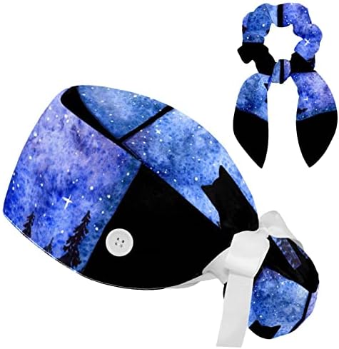 Night Cat Starry Sky Sky Watercolor Cap com Button & Sweatband Ajustável unissex Tie Back Hat Hat Cap Cap Surgical