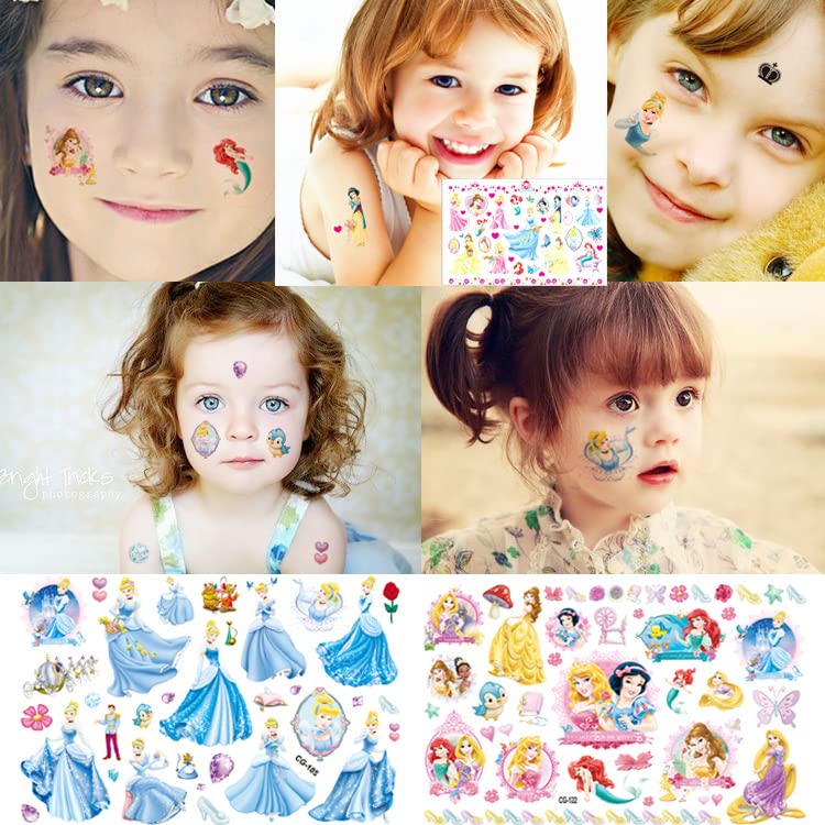 240 PCs Princess Tatuagens temporárias para meninas, 8 folhas de tatuagem impermeável, decoração de festa temática de desenhos animados,