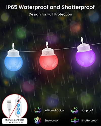 Tisofu Luzes de corda colorida ao ar livre com luzes de cor de aplicativos inteligentes com luzes com 20 lâmpadas à prova d'água IP65