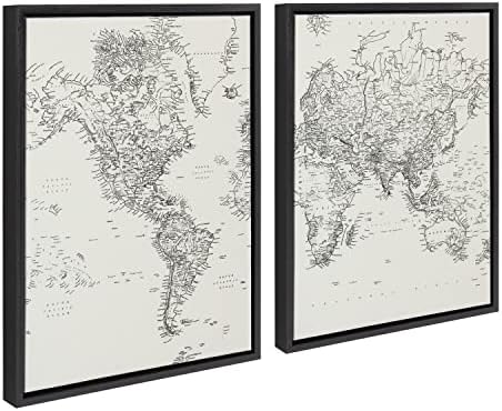 Kate e Laurel Sylvie Vintage Black and White World Mapa emoldurada Arte de parede de lona de linho definida pelo Creative Bunch