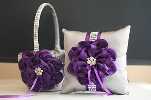 Alex Emoções Cinza Plum Ring Bourer Pillow & Wedding Flower Girl cesto Conjunto de flores Big Flower Collection