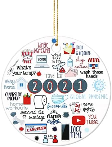 2021 Ornamentos de Natal, ornamento comemorativo de quarentena de cerâmica impressa, ornamento de Natal pandemia para decorações