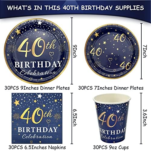 Algpty 40º aniversário Decorações de pratos e guardanapos azul e ouro, serviço para 30, 40º pacote de festas de aniversário