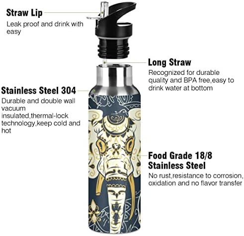 Garrafa de água de elefante indiano Glraphy, garrafa de água de 32 onças com aço inoxidável isolado de tampa de palha,