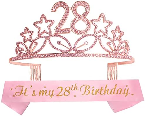 Destraio 2TOBE 28º aniversário FATA E TIARA PARA MULHERES - Conjunto fabuloso: Glitter Sash + Estrelas Rhinestone Pink Premium Metal