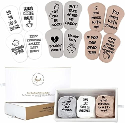 First Landings Baby Socks Gift Greet - 6 pares de meias infantis com citações adoráveis ​​- embalagem pronta para gift -