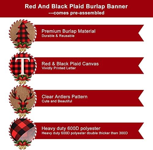 Feliz Natal Banner Burlap Garland Decorações de Natal Vintage Banner de Natal para lareira Mantel Black Black Blaid