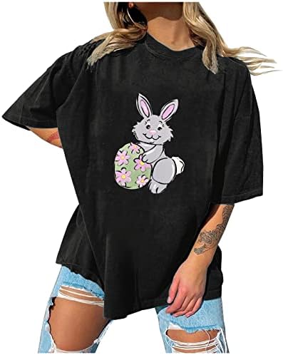 Ovos de coelho feminino impressão de meia manga Drop ombro de tamanho grande camiseta engraçada Camisetas de Páscoa