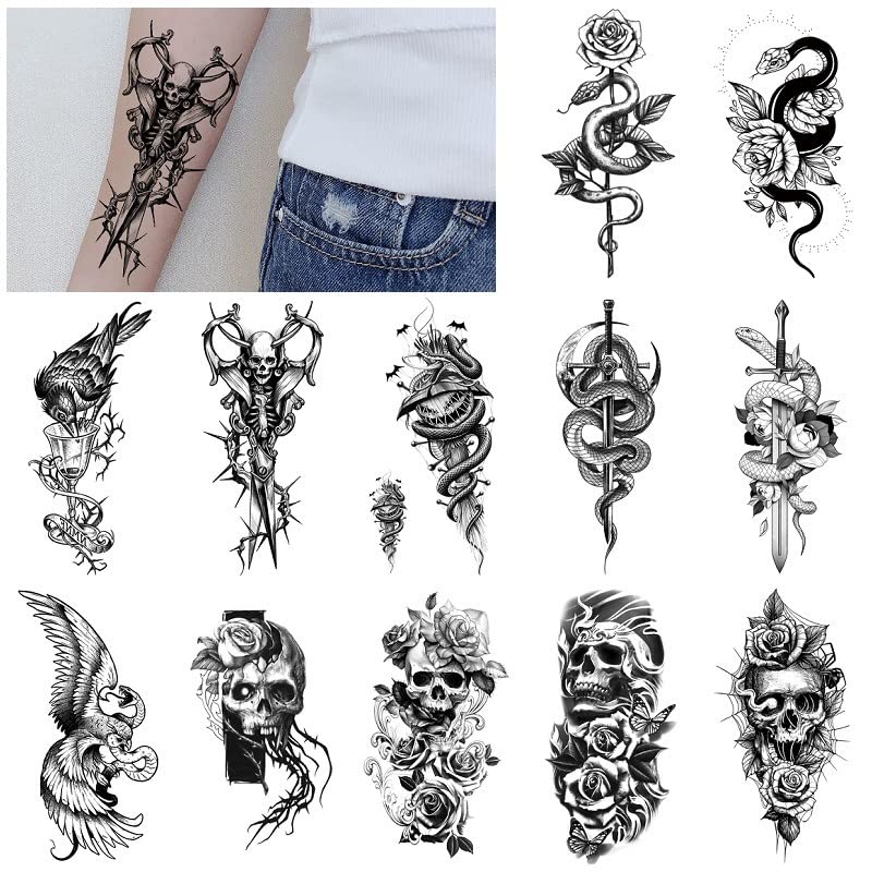 Interookie 12pcs/pacote de Black Snake Crow Skeleton Water Transfer Half Arma perna Tattual Tattoo Tattoo