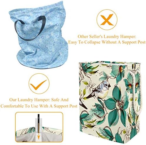 Flores azuis e pássaros não rigorosos imprimem a roupa de lavanderia de tamanho grande cesto de armazenamento dobrável para quarto