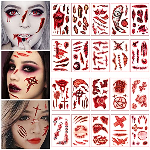 Tatuagens de cicatrizes de Halloween, tatuagem temporária de feridas de Halloween, trajes de Halloween tatuagens de zumbis, maquiagem