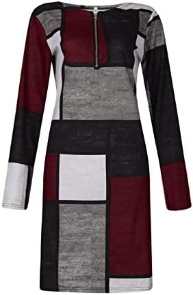 Vestidos de algodão Fragarn para mulheres verão casual, feminino casual xadrez geométrico impresso no pescoço redondo vestido